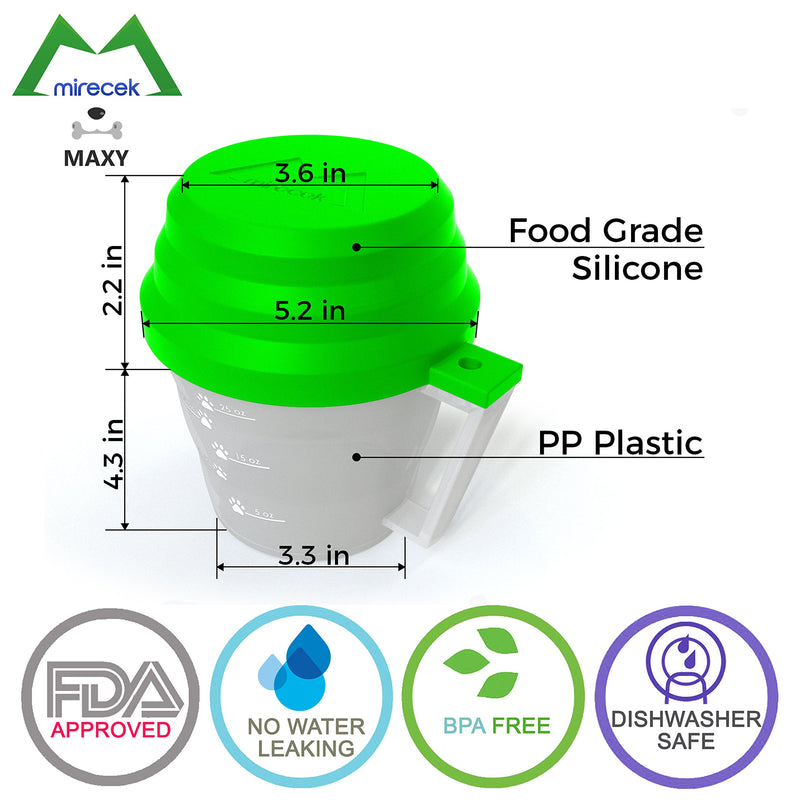 [Australia] - Mirecek Maxy Dog Food Travel Container, BPA-Free Pet Food Storage Container, Portable Collapsible Bowl and Measuring Cup Combo for Pet Travel, Reusable Plastic Bowl for Cats and Dogs Green 