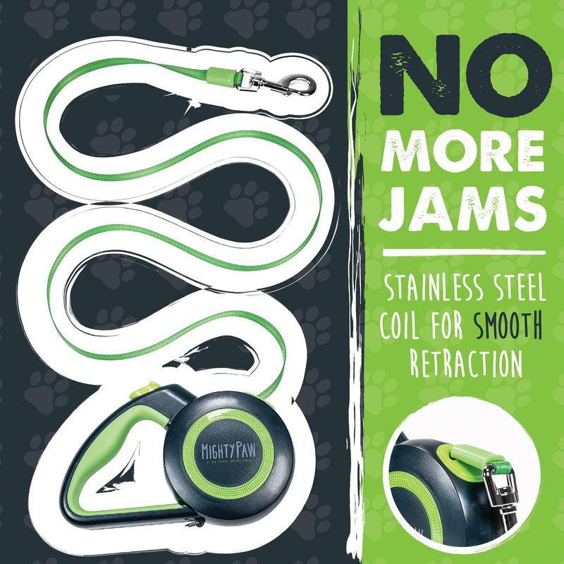 Mighty Paw Retractable Dog Leash 2.0 | 16’ Heavy Duty Reflective Nylon Tape Lead for Pets Up to 50 LBS. Tangle Free Design W/ One Touch Quick-Lock Braking System & Anti-Slip Handle. (Green/Lite) Lite Green - PawsPlanet Australia