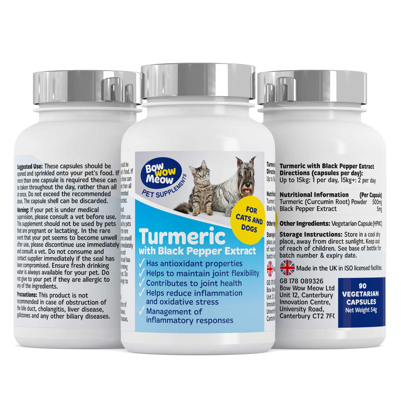 Bowwow Turmeric Pet Supplements for Dogs & Cats | 500mg per Serving | 90 Vegetarian Capsules with Curcumin & Black Pepper | Joint Care Tablets for Dogs - PawsPlanet Australia