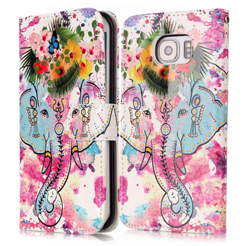 Galaxy S6 Edge Case, Surakey PU Leather Case Cover Wallet Colorful Printing Flower Mandala Pattern Flip Cover Cases with Stand Function Credit Card Slots for Galaxy S6 Edge,Flower/Elephant Flower / Elephant - PawsPlanet Australia