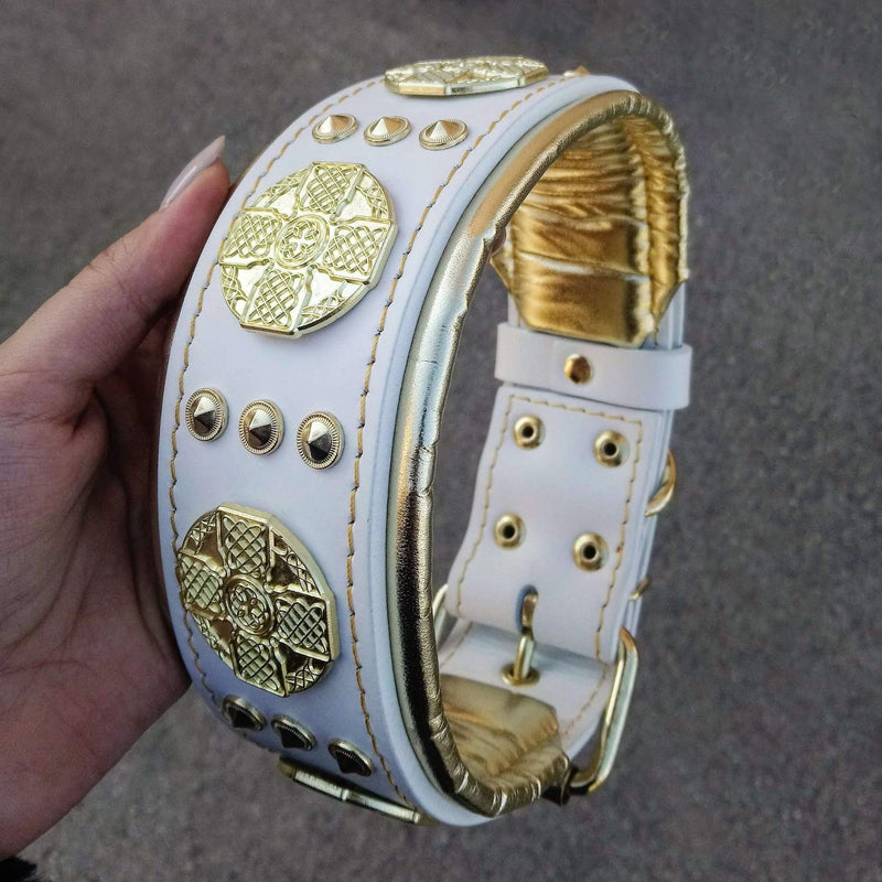 [Australia] - Bestia Maximus Genuine Leather Dog Collar, Large Breeds, Cane Corso, Rottweiler, Boxer, Bully, Bullmastiff, 100% Leather, Studded, M- XXL Size, 2.5 inch Wide. Padded. White & Gold. XL- fits a neck of 22.6- 26.6 inch 