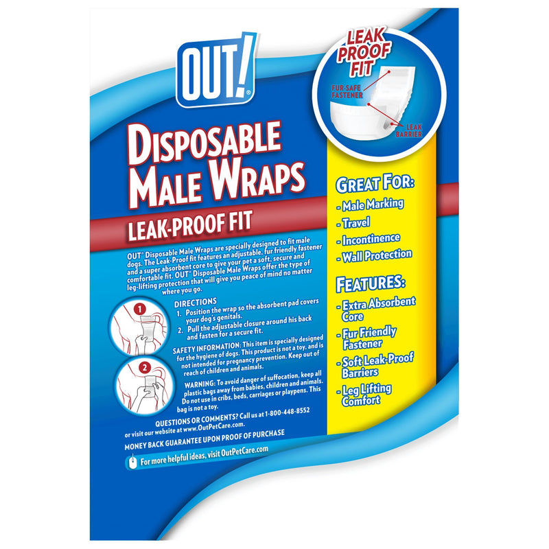 OUT! Disposable, Absorbent Male Dog Wraps with Leak Proof Fit (Pack of 12) XS/S - PawsPlanet Australia