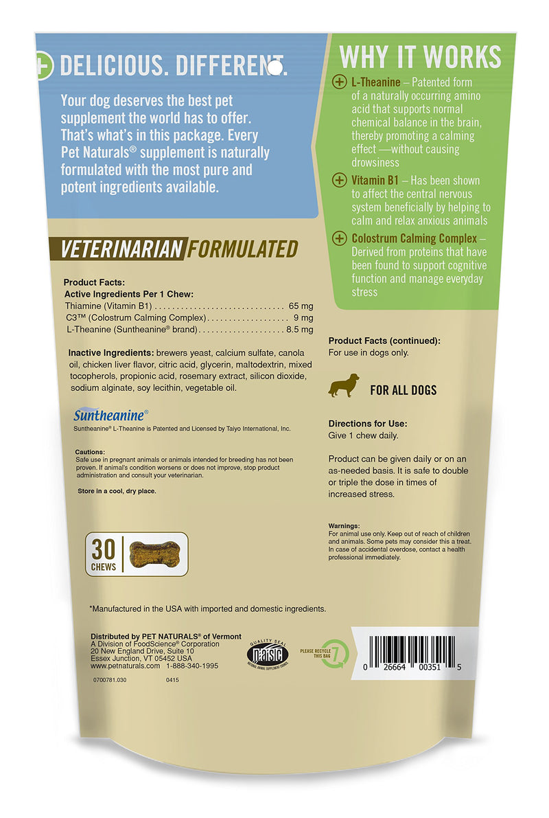 Pet Naturals® of Vermont - Calming for Dogs, Natural Behavior Support for Stress Inducing Events, 30 Bite-Sized Chews Includes Naturally Sourced Anxiety Calming Ingredients - PawsPlanet Australia