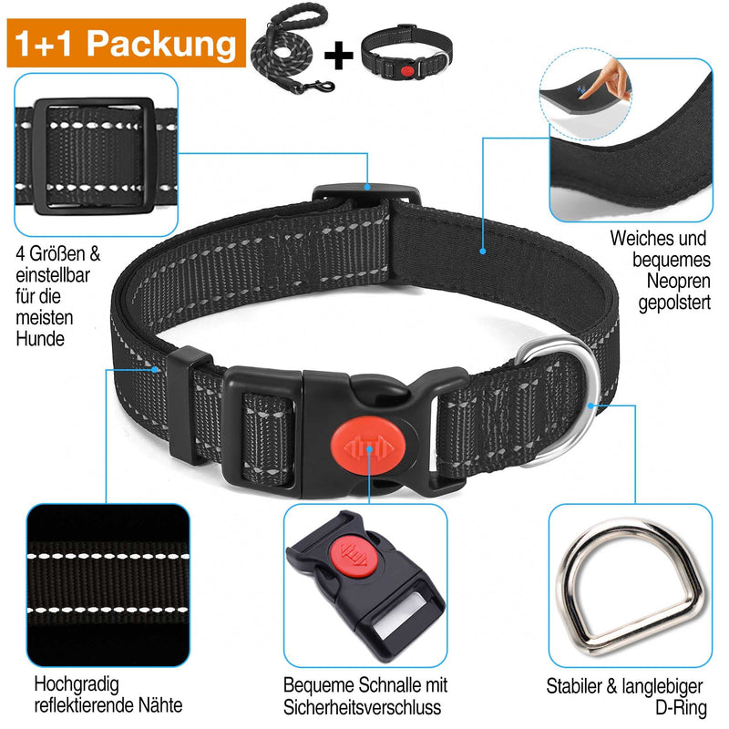 haapaw Reflective Dog Collar Padded with Soft Neoprene Breathable Adjustable Nylon Dog Collars for Small Medium Large Dogs M (Pack of 1) Black - PawsPlanet Australia