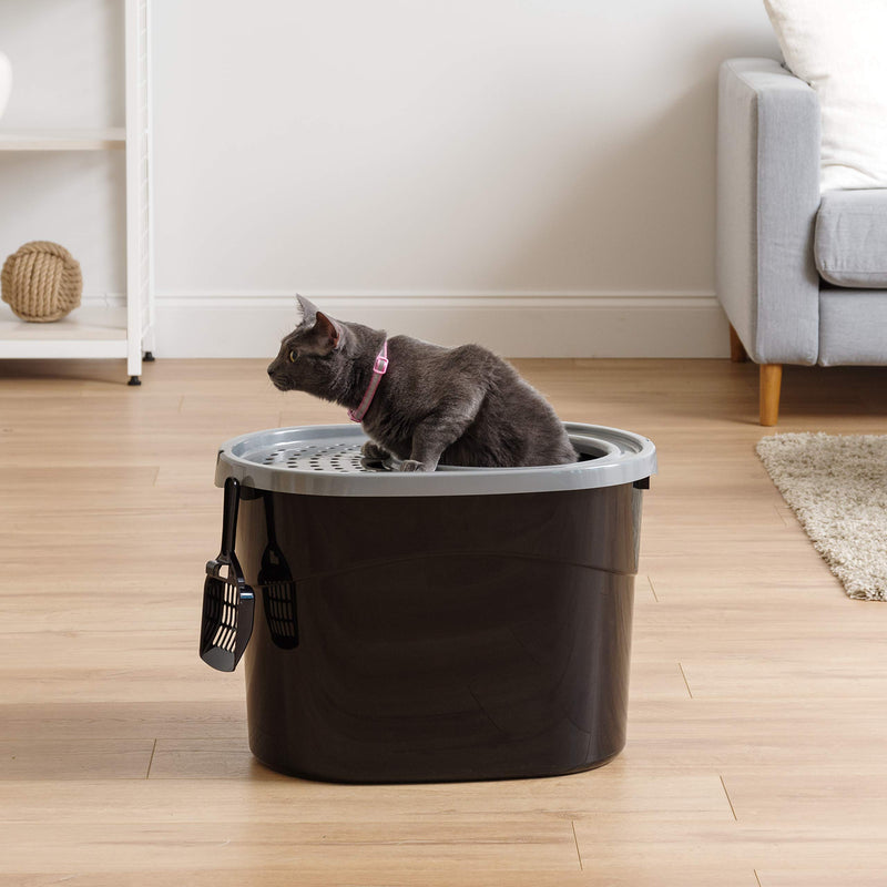 IRIS USA Top Entry Cat Litter Box with Cat Litter Scoop Black/Gray - PawsPlanet Australia