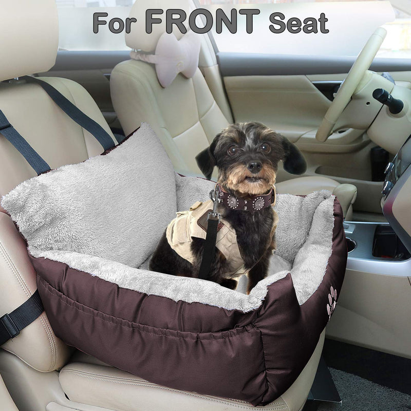 GoFirst Dog Car Seat for Small Dogs or Cats, Pet Booster Seat Travel Car Bed with Storage Pocket and Clip-On Safety Leash, Waterproof Warm Plush Dog Car Safety Seats (Brown) Brown - PawsPlanet Australia