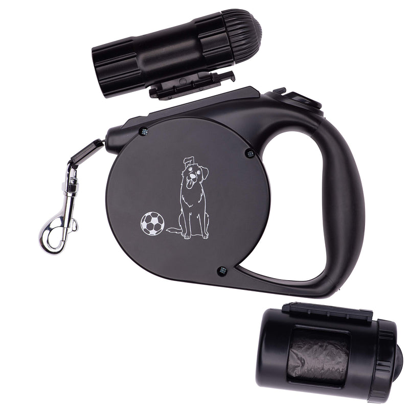 [Australia] - Lifehack Pet Products Retractable Dog Leash with LED Flashlight & Waste Bag Dispenser (All-in-one Leash) - for Small/Medium Dogs up to 20 kg Black 