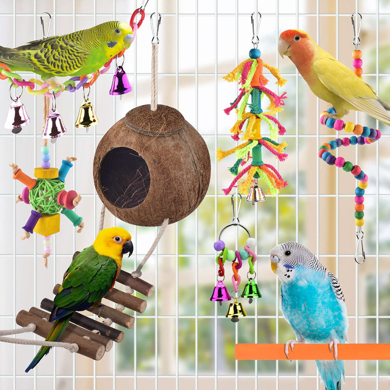 ERKOON Bird Parrot Toys, Hanging Natural Wooden Coconut Perch Birds House with Ladder, Stand Chewing Bell Pet Birds Cage Toy accessories Suitable for Parakeet, Conure, Cockatiel, Mynah?8 Pack? - PawsPlanet Australia