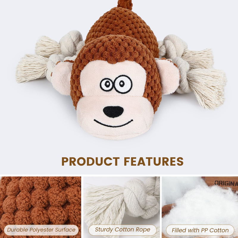 IOKHEIRA dog toy, cuddly toy dog, squeaky dog toys with crinkle paper, filled dog toy for large, medium and small dogs, cream ocher monkey - PawsPlanet Australia