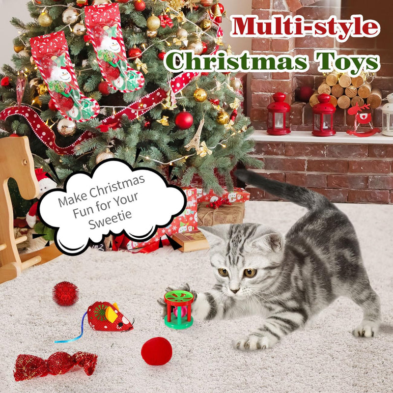 Pawaboo Christmas Cat Toy Set, 10 Piece Christmas Cat Toy Set with Various Toys Interactive Toys, Cat Bell Cat Ball Toy Cat Gift Box for Cat, Red D Set - PawsPlanet Australia