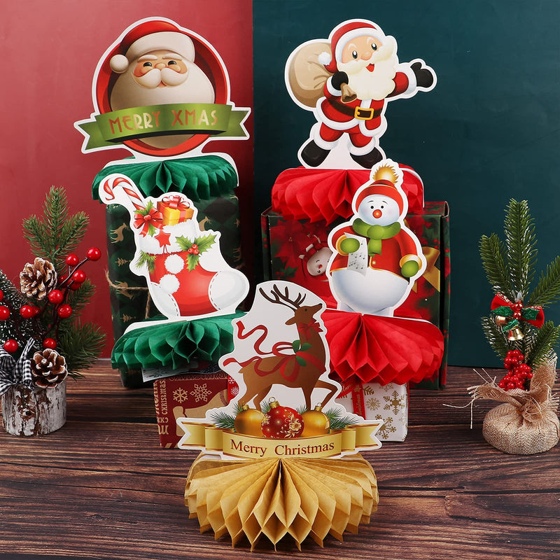 PartyYeah 9 Pieces Christmas Honeycomb Centerpieces, 3D Christmas Table Decoration Santa Reindeer Snowman Happy Holiday Table Topper Honeycomb for Xmas Baby Shower Holiday Supplies - PawsPlanet Australia