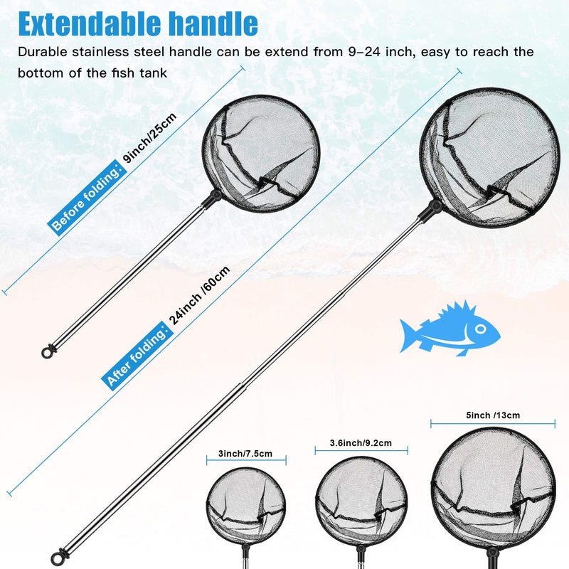 Sumind 3 Pieces Fine Mesh Round Aquarium Fish Net 3 Inch, 3.6 Inch and 5 Inch Fish Tank Net Fish Catch Net with Extendable 9-24 Inch Long Handle Fish Tank Aquarium Accessories - PawsPlanet Australia