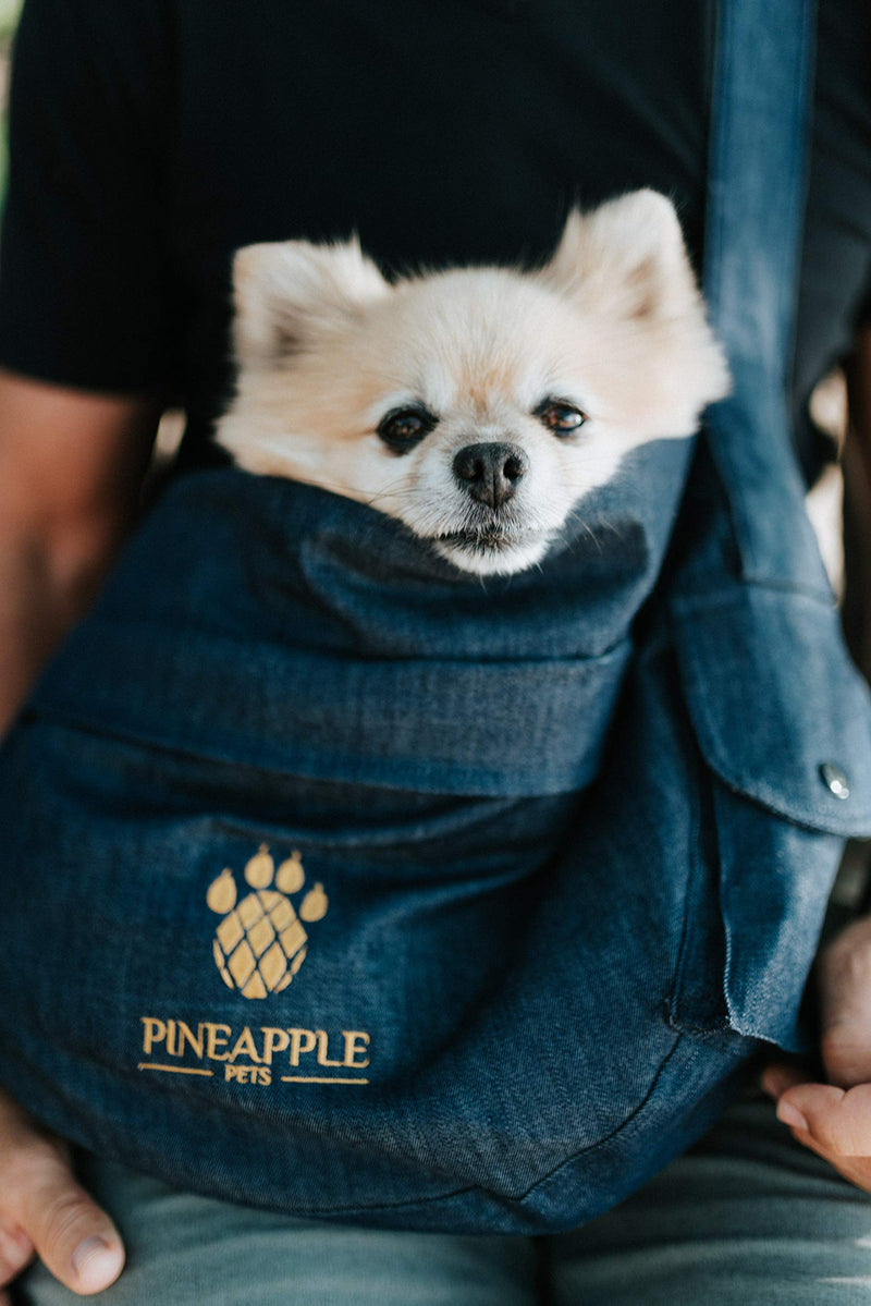 Pineapple Pets Hands-Free Dog Sling, Sustainably Made in Costa Rica, Locally Sourced Materials - Small Pet Carrier with Built-in Safety Latches, Adjustable Shoulder Strap - Lightweight Design Blue Denim - PawsPlanet Australia