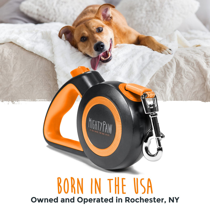 Mighty Paw Retractable Dog Leash 2.0 | 16’ Heavy Duty Reflective Nylon Tape Lead for Pets Up to 50 lbs. Tangle Free Design W/ One Touch Quick-Lock Braking System & Anti-Slip Handle. (Orange/Lite) Lite Orange - PawsPlanet Australia