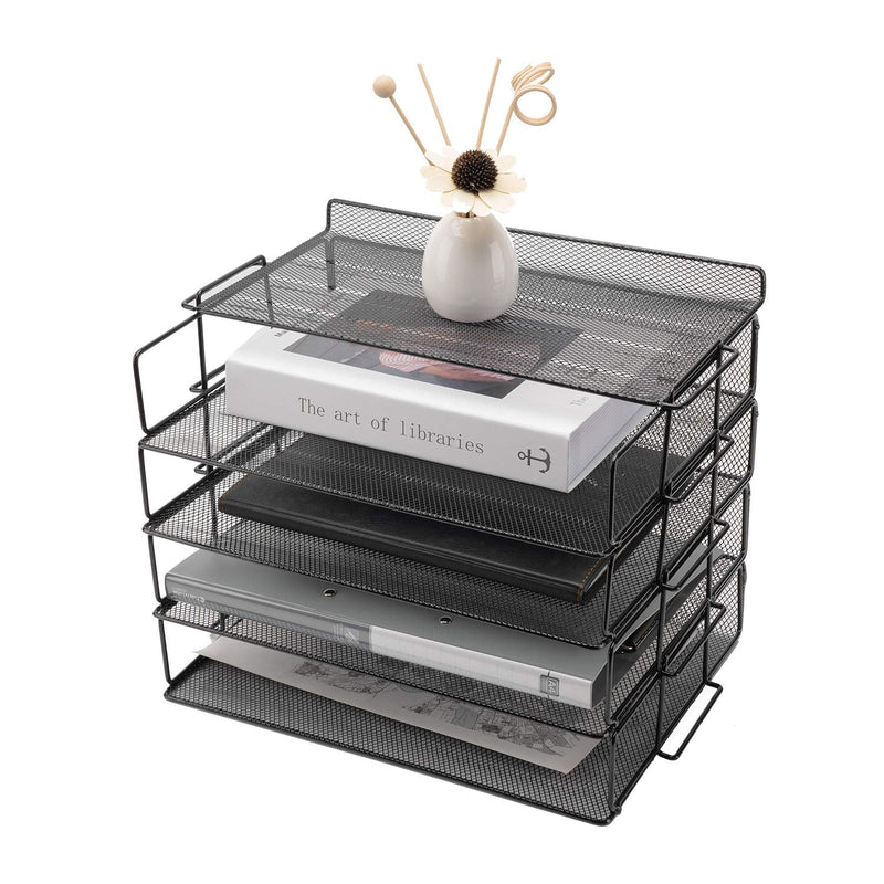 4 Tier Stackable Letter Tray with Desk Stand Folders Letters Paper Desk Trays Metal Black - PawsPlanet Australia