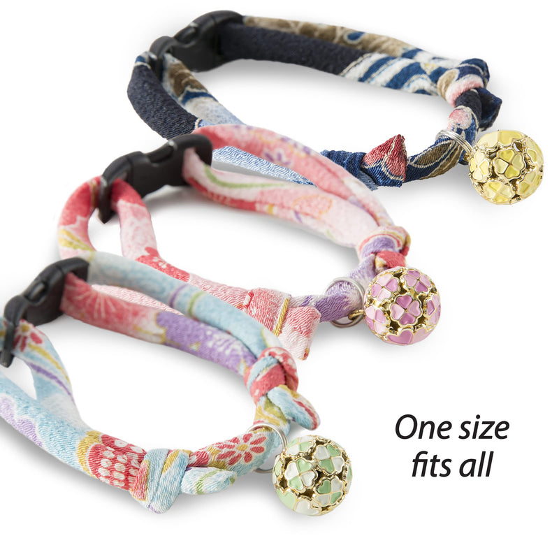 Necoichi Chirimen Cat Collar with Clover Bell, Handcrafted in Japan, 1 Size fits All Baby Blue - PawsPlanet Australia