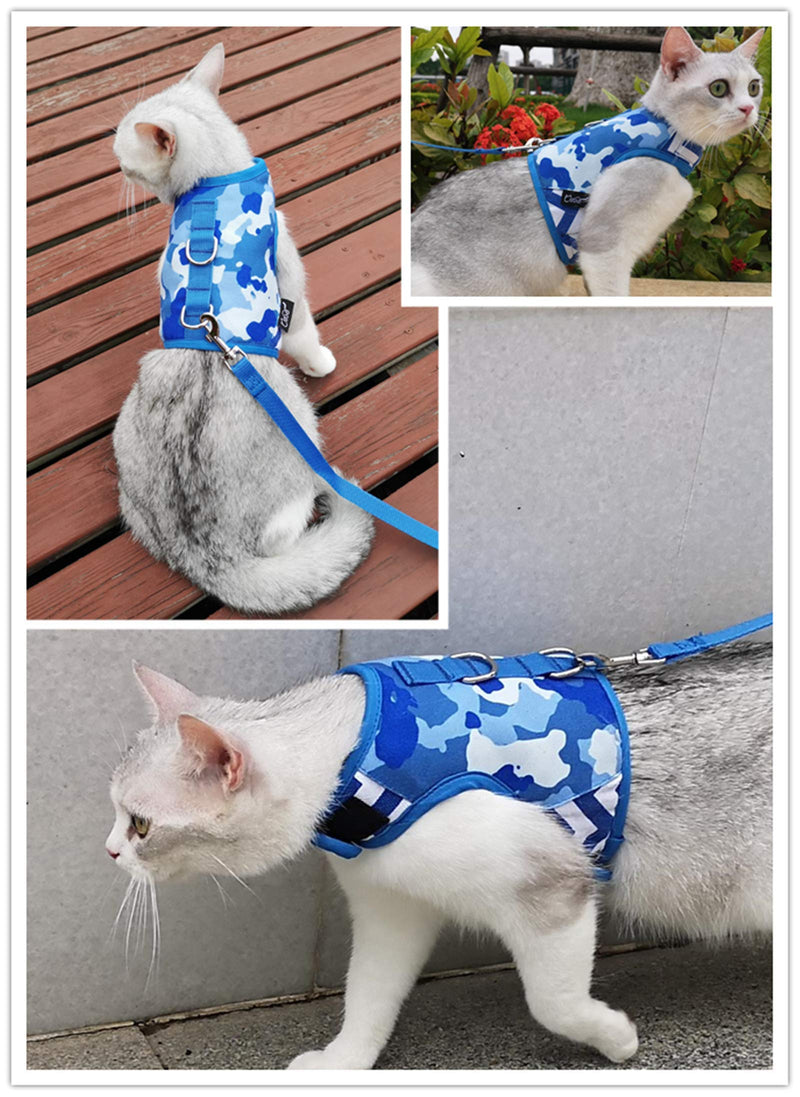 Yizhi Miaow Escape Proof Kitten Harness with Leash, Adjustable Kitten Walking Jackets, Padded Kitten Vest XS 2-4LBS Blue Camo - PawsPlanet Australia