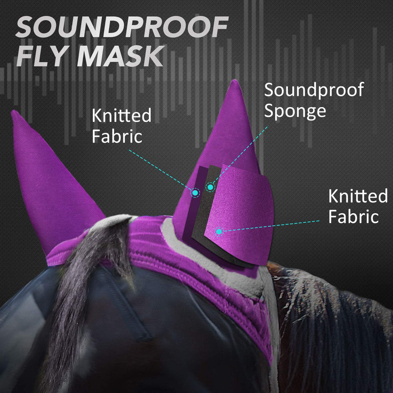 Harrison Howard Soundproof Horse Fly Mask Long Nose with Ears Mesh Fleece Padded UV Protection for Horse Full (Large) Regal Purple - PawsPlanet Australia