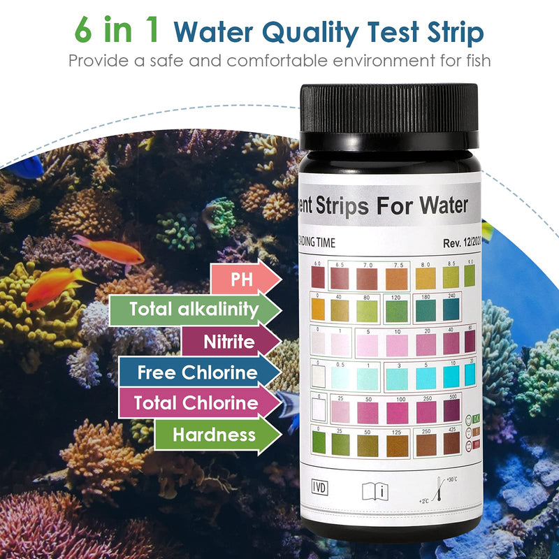 Lewondr 6 in 1 Aquarium Test Strips, Fish Tank Test Kit for Testing Freshwater Saltwater Pond Alkalinity Nitrite Total Chlorine Free Chlorine Hardness and pH, Water Quality Fast Testing Strips 100 packs - PawsPlanet Australia