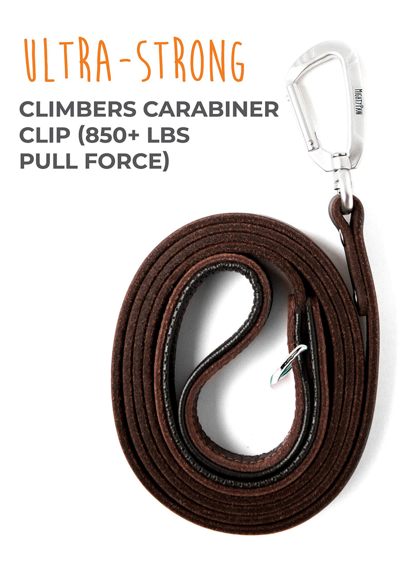 [Australia] - Mighty Paw Leather Dog Leash | 6 Ft Leash. Super Soft Padded Handle Leather Lead with Extra D-Ring for Waste Bags. Strong Climbers Clip, Perfect Medium and Large Dog Leash. (Brown) Brown 