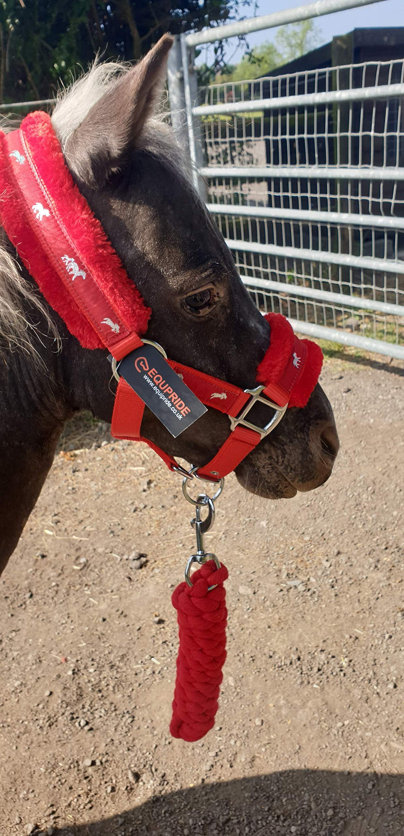 Equipride Horse Print with Faux Mink Nylon Headcollars with Matching Lead Rope RED (Pony) Pony - PawsPlanet Australia