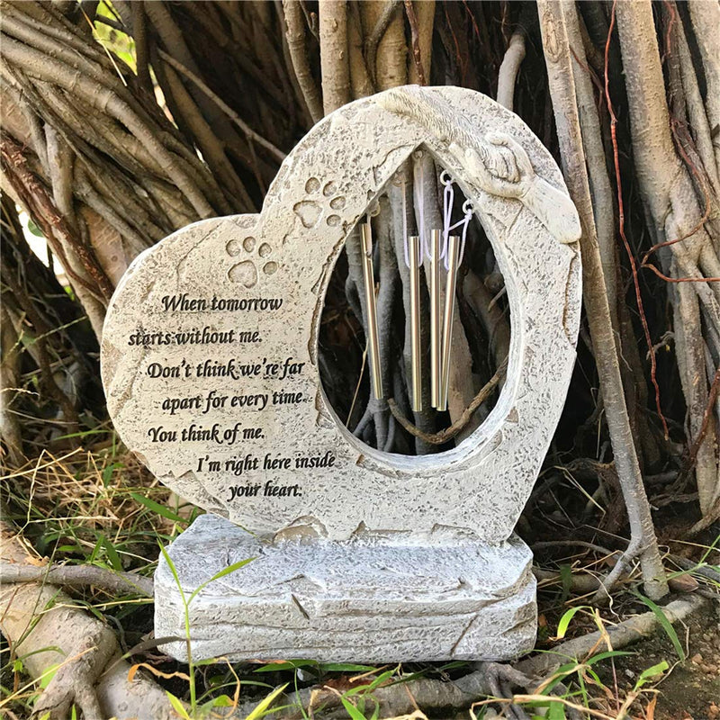 jinhuoba Paw Print Pet Memorial Stone, Heart Shaped Dog Memorial Stone with Wind Chime, Indoor Outdoor Pet Stone for Garden Backyard Decor - Loss of Pet Gift With Windchime - PawsPlanet Australia