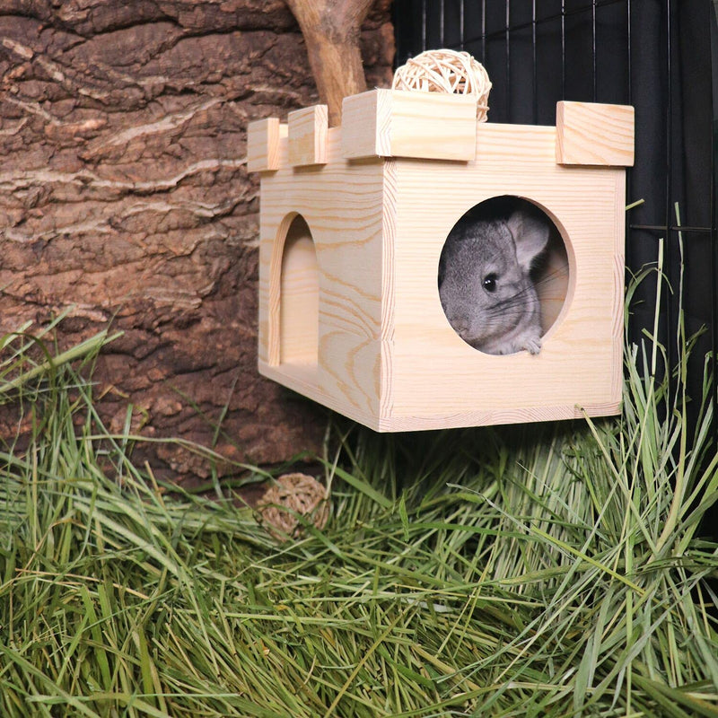 YKD Castle Chinchilla House - Small Animal Hideout for Chinchilla Guinea Pig Hedgehog, or Rat - Ventilated Wooden Hamster Habitat with Multiple Doors - Made from Fir Pine - PawsPlanet Australia
