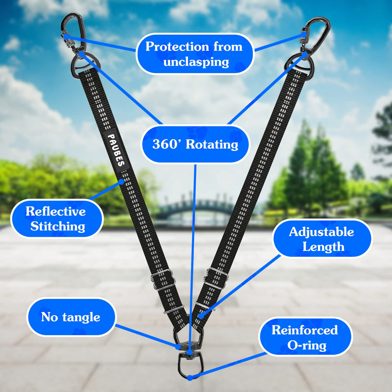 Double Dog Leash – Adjustable Length Long Leash for Dog Training – Dual Reflective Dog Leash with Non-Tangle Design – Heavy Duty Nylon and Metal Buckles – Ideal for Small, Medium, Large Breeds Black - PawsPlanet Australia