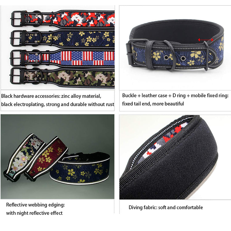 Elegel Dog Collar Printed Fabric Wide for Large Small Medium Dogs Adjustable Length Black Red Camouflage Flag Neon with Anti-Lost Phone Number Tag S M L - PawsPlanet Australia