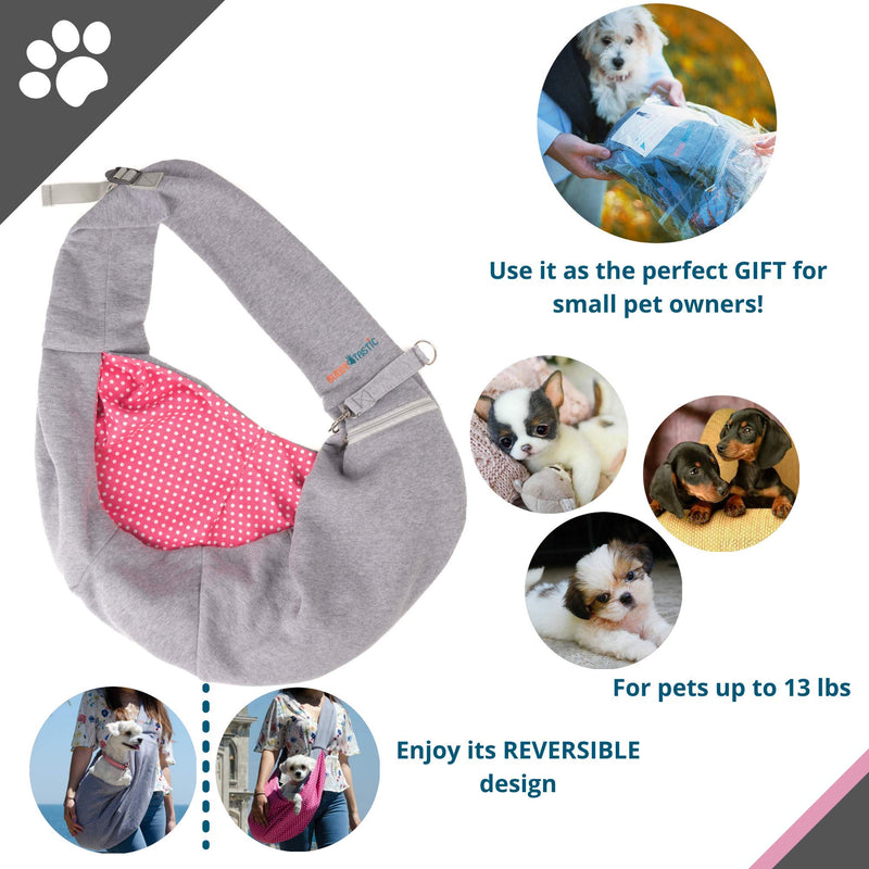 [Australia] - BUDDY TASTIC Pet Sling Carrier - Reversible and Hands-Free Dog Bag with Adjustable Strap and Pocket - Soft Puppy Sling for Pets up to 13 lbs Grey/Pink 