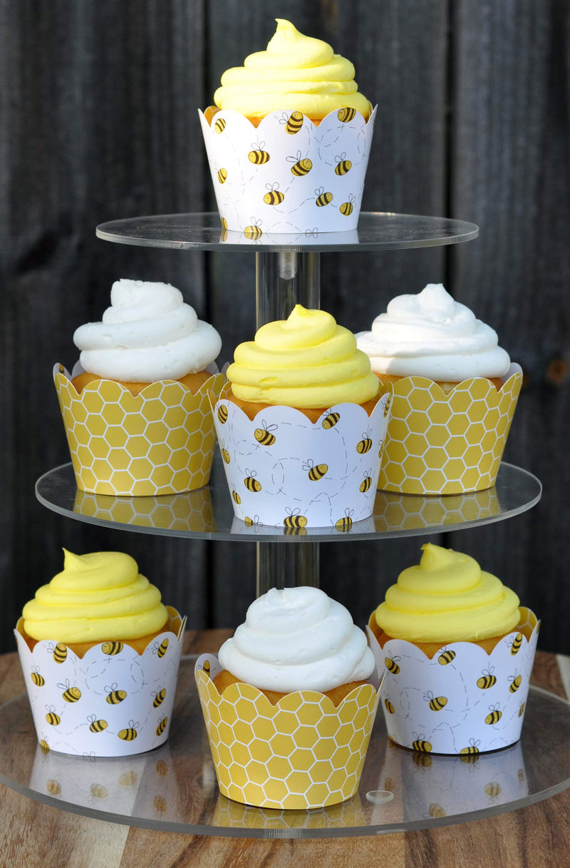 Honey Bee Cupcake Wrappers for Gender Reveal, Birthday Parties, Bridal Showers, Baby Showers, or Backyard Summer gatherings. Set of 24 Honey Bee Scalloped Cup Cake Holder Wraps. Yellow, Black - PawsPlanet Australia