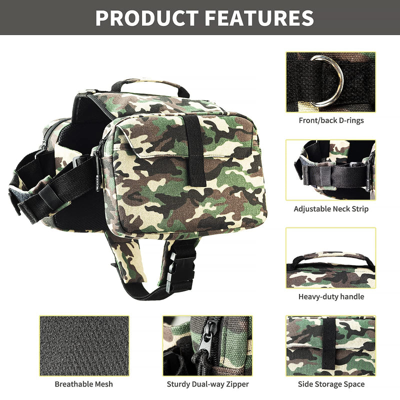 JLYLOL Dog Backpack Dog Saddle Bag Dog Backpack for Dog to Wear Dog Hound Travel Camping Hiking Backpack Harness Backpack for Medium & Large Dog Green Camo - PawsPlanet Australia