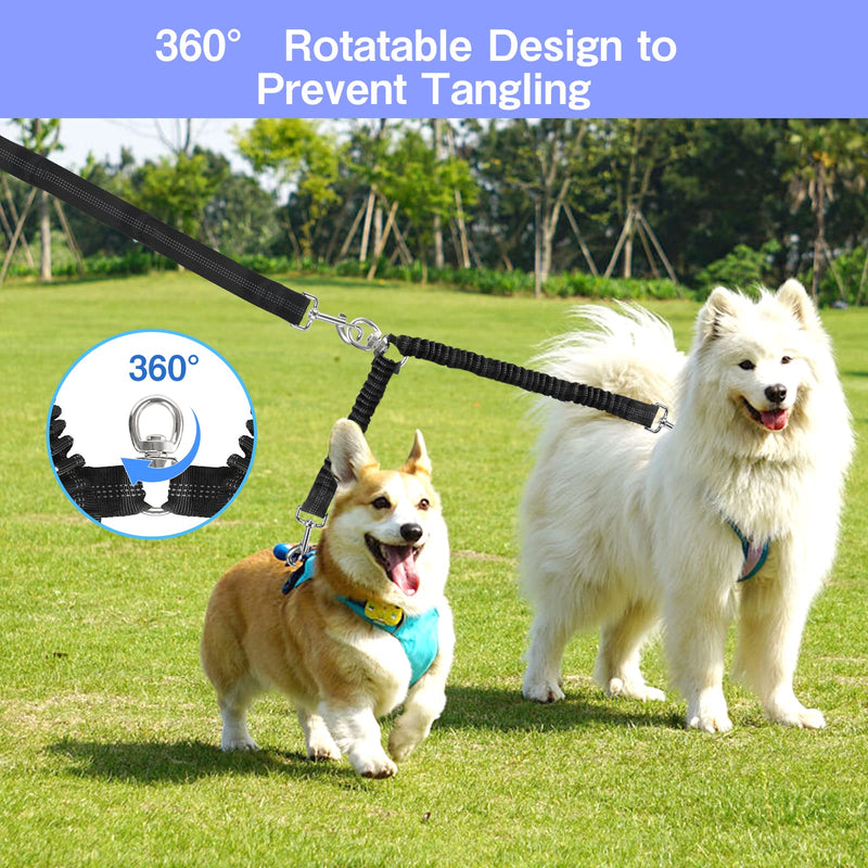 Double leash dog leash for 2 dogs, double leash for dogs, adjustable 360° rotating dog leash for 2 dogs, no tangles, reflective nylon dog leash for walking training, black - PawsPlanet Australia