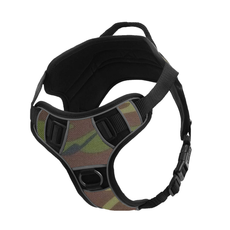 [Australia] - Dogline Quest No-Pull Dog Harness with 3D Rubber in Training Removable Patches Reflective Soft Comfortable Dog Vest with Quick Release Dual Buckles Black Hardware and Handle Girth 21" to 25" Green Camo 