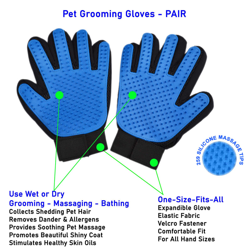 [Australia] - Joy Knows – Pet Grooming Gloves Pair | Groom Shedding Dogs Cats Rabbits | Detangle Bathe Massage | Works on All Types of Fur & Hair | Wet or Dry Blue 