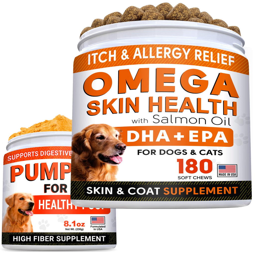 Fish Oil Omega 3 + Pumpkin for Dogs Bundle - Allergy and Itch Relief + Upset Stomach - Omega 6 9 - EPA & DHA + Pure Pumpkin Powder - Skin and Coat Supplement + Digestion - 180ct + 8.1oz - Made in USA - PawsPlanet Australia