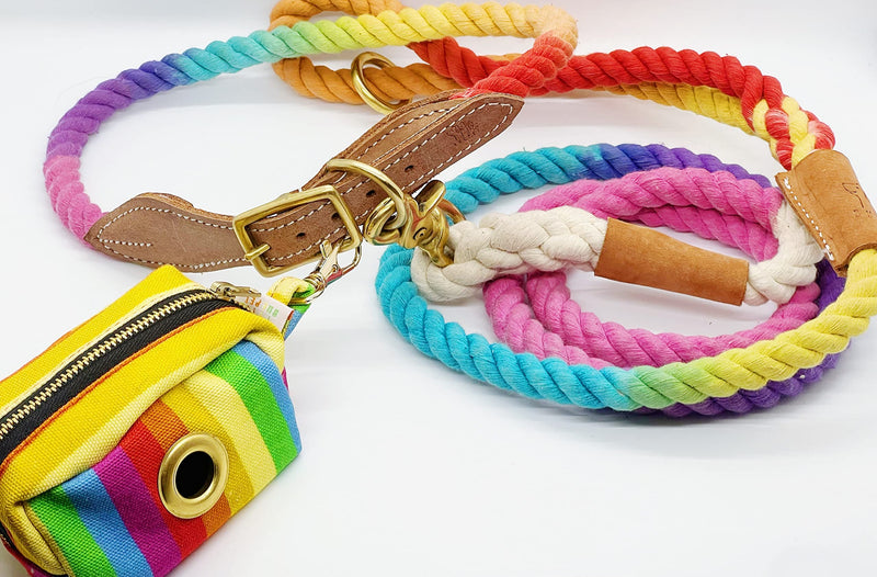 BULPET Eco Friendly Organic Cotton Durable Dog Ombre Rainbow Rope Leash with Brown Leather and Gold Brass Hardware / All Dogs - PawsPlanet Australia