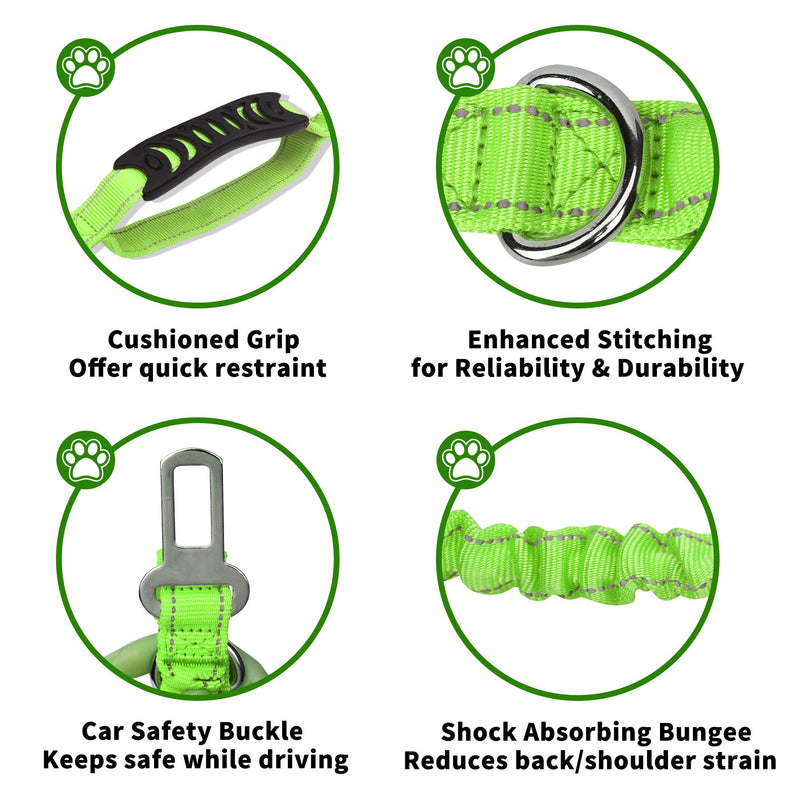 Bungee Dog Lead Shock Absorbing Strong Dog Leash with Car Seat Belt,Two Padded Handle No Pull Reflective Traffic Control,Pet Elastic Rope for Small Medium Large Dogs Green - PawsPlanet Australia