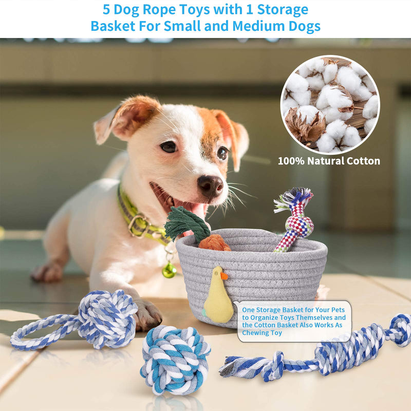 Dog Rope Toys, Dog Chew Toys, Dog Toys for Small Dogs and Medium Dogs, Puppy Toys for Teething, Tough Durable Dog Toys, Rope Dog Toy Storage Basket Organizer Included, Set of 6 - PawsPlanet Australia