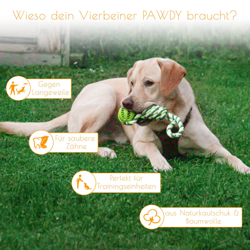 PAWDY dog rope with ball for fun and dental care - Robust dog toy for medium & large dogs - Chew toy with nubs made of natural rubber - Ball rope throwing toy for dogs (green) Green - PawsPlanet Australia