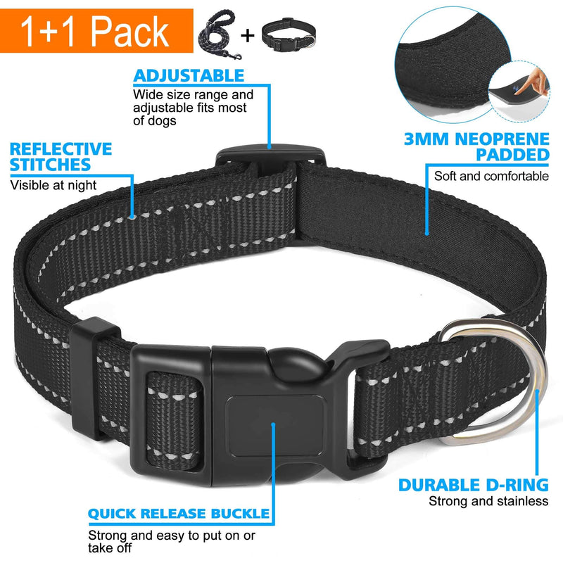 Ladoogo Reflective Dog Collar Padded with Soft Neoprene Breathable Adjustable Nylon Dog Collars for Small Medium Large Dogs X-Small (Pack of 1) Black Collar+Leash - PawsPlanet Australia