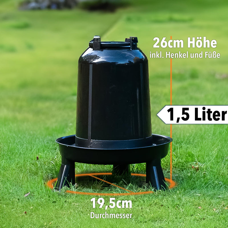 STUPSI chicken drinker 100% recycled 1.5 liters in black | Heated & frost-proof poultry drinkers | Waterer with feet or hanging for quails, chickens and any other poultry | Made in Europe 1.5L - PawsPlanet Australia