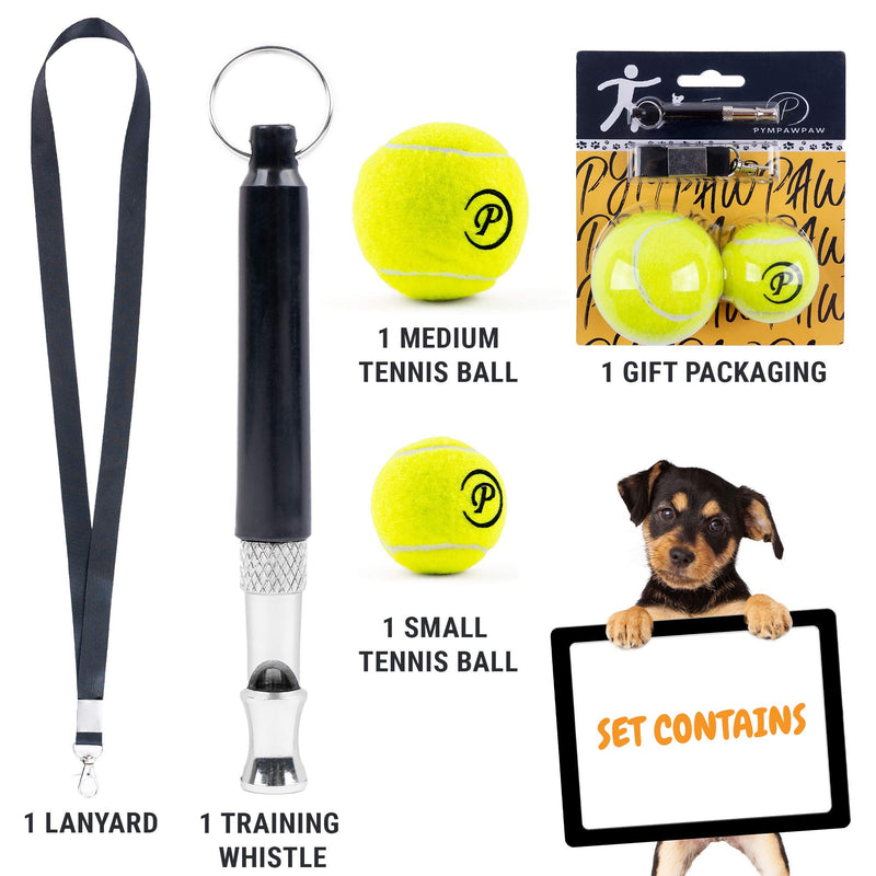 [Australia] - Dog Whistle Ultrasonic Adjustable Frequency - Silent Dogs Puppy Training Tool Whistle Pack with Lanyard Black and 2 Tennis Playing Balls Toy Small Medium Sizes for Stop Barking Control Pet Trainer 