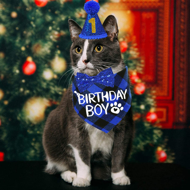 STMK Cat Birthday Party Supplies, Cat Birthday Hat with Cat Birthday Bandana Bow Tie Collar Birthday Number Cat Birthday Decorations for Cat Kitten Birthday Outfits Blue Cat Birthday Hat & Bandana & Bow Tie & Number - PawsPlanet Australia