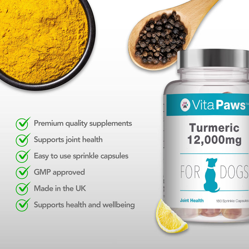 Curcumin/Turmeric 180 Capsules for Dogs 1500mg with Piperine | Popular Supplement for Joint Support | Manufactured in The UK - PawsPlanet Australia