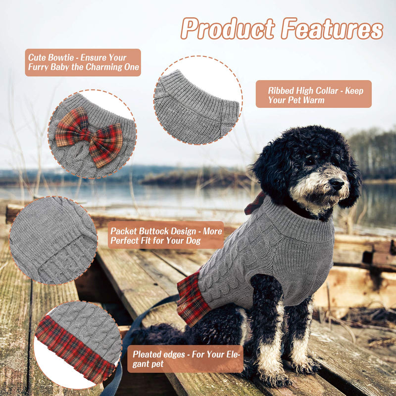 [Australia] - SAWMONG Dog Sweater Dress, Pet Knitted Turtleneck Sweater, Thicken Winter Warm Puppy Cat Pajamas, Dog Knitwear Dress with Bow Tie for Small Medium Dogs Cats Pets XS Grey 