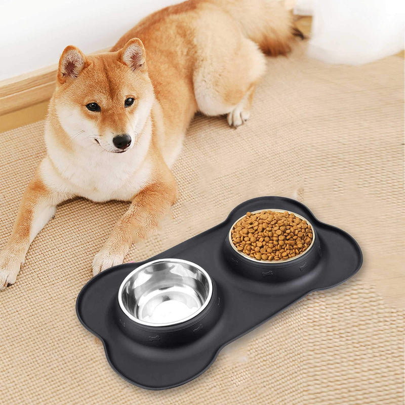 Dog Cat Bowls Stainless Steel Double Dog Food and Water Bowls with No-Spill No-Skid Silicone Mat, Pet Feeder Bowls Small Puppy Bowl for Small Dogs Cats Black - PawsPlanet Australia