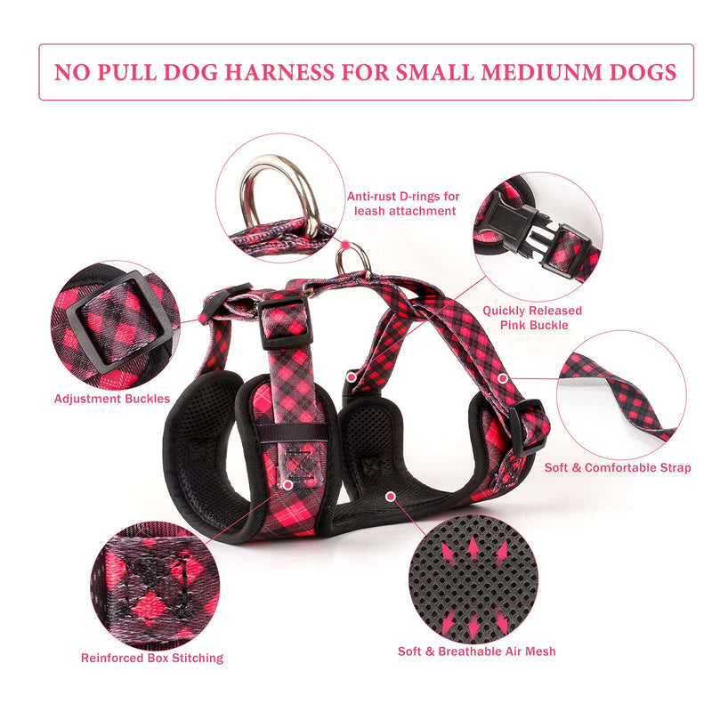 QQPETS No Pull Dog Harness: Soft Breathable Air Mesh Adjustable Front Clip Puppy Vest with Floral Pattern for Small Medium Pet Easy Walking S (Chest: 16”-23”) Black-red Plaid - PawsPlanet Australia