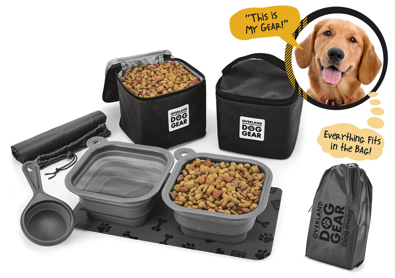 [Australia] - Overland Dog Gear, Dog Travel Bag, Dine Away Bag, Includes Lined Food Carriers and 2 Collapsible Dog Bowl, Collapsible Scooper and Placemat (Various Sizes and Colors) Med/Large Dog Black 
