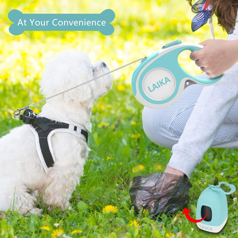 [Australia] - LAIKA Retractable Dog Leash with Waste Bag Dispenser, Tangle-Free 16ft Heavy Duty Durable Dog Walking Leash for Medium Large Breed Dogs Up to 110lbs - Reflective Stitching Nylon Ribbon Blue 